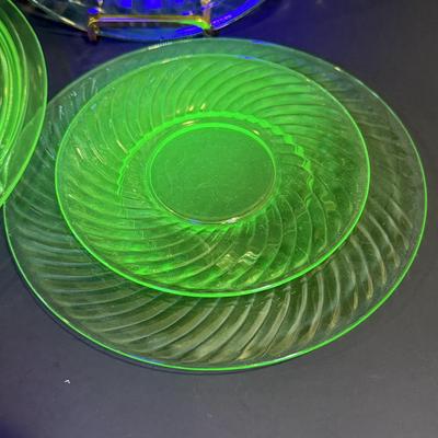 LOT 119W: Vintage Uranium Glass Collection: Sugar Bowls, Plates & Platter