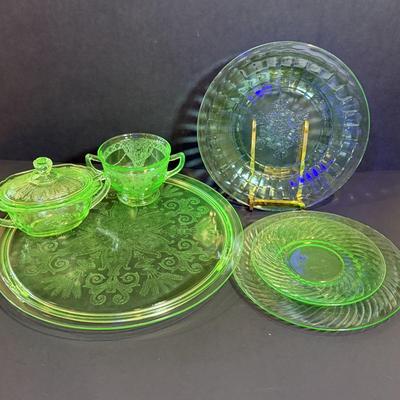 LOT 119W: Vintage Uranium Glass Collection: Sugar Bowls, Plates & Platter
