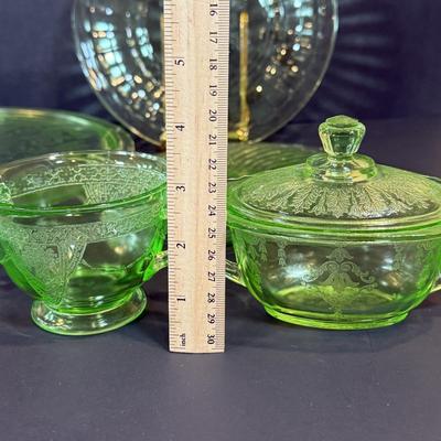 LOT 119W: Vintage Uranium Glass Collection: Sugar Bowls, Plates & Platter