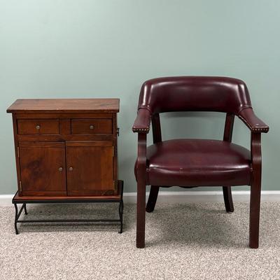 LOT 129B: Vintage Leather Arm Chair & Cabinet
