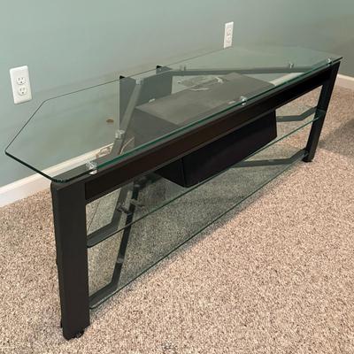 LOT 132B: Glass Top TV Stand w/ Yamaha Speaker System NS-AC200