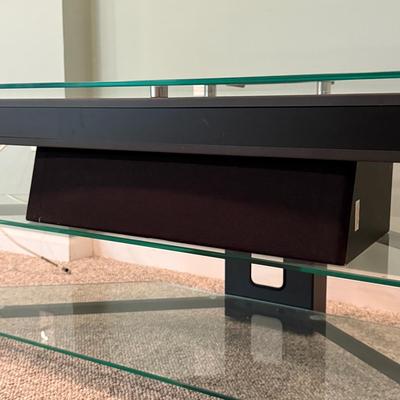 LOT 132B: Glass Top TV Stand w/ Yamaha Speaker System NS-AC200