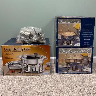 LOT 136B: Three Tramontina Stainless Steel Chafing Dishes in Box