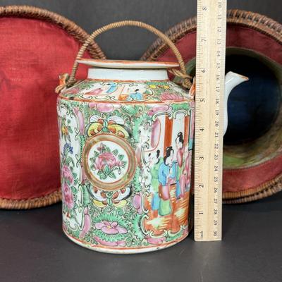 LOT 141W: Antique 19th Century Chinese Familie Teapot w/ Travel Basket
