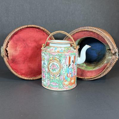 LOT 141W: Antique 19th Century Chinese Familie Teapot w/ Travel Basket