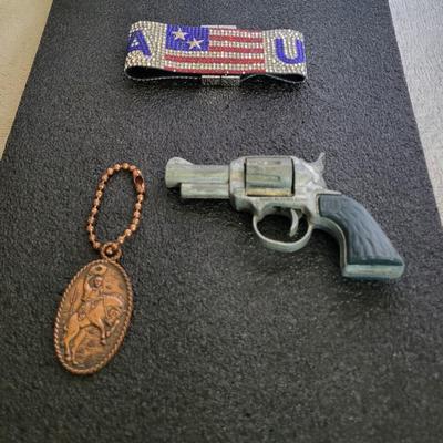 1940 COPPER COWBOY KEYCHAIN, USA BRACELET AND A RANGER TOY PISTOL