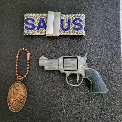 1940 COPPER COWBOY KEYCHAIN, USA BRACELET AND A RANGER TOY PISTOL