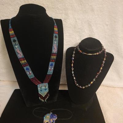 NATIVE AMERICAN GLASS BEAD NECKLACE, ELEPHANT AND BEADED NECKLACES