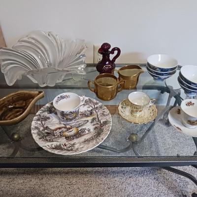 MIKASA "SWING" CRYSTAL BOWL, CRUET, TEA CUPS AND SAUCERS AND MORE