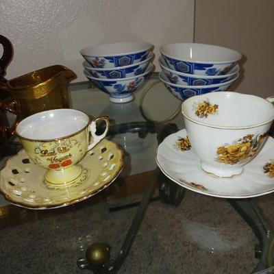 MIKASA "SWING" CRYSTAL BOWL, CRUET, TEA CUPS AND SAUCERS AND MORE