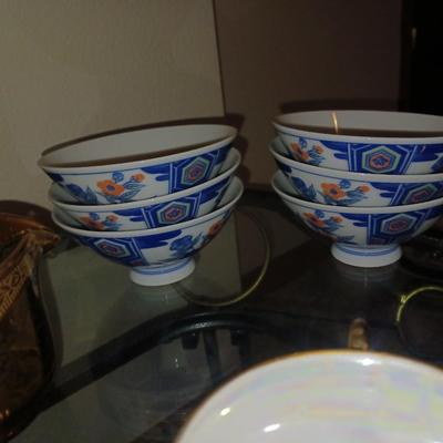 MIKASA "SWING" CRYSTAL BOWL, CRUET, TEA CUPS AND SAUCERS AND MORE
