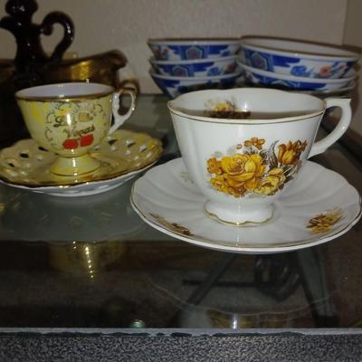 MIKASA "SWING" CRYSTAL BOWL, CRUET, TEA CUPS AND SAUCERS AND MORE