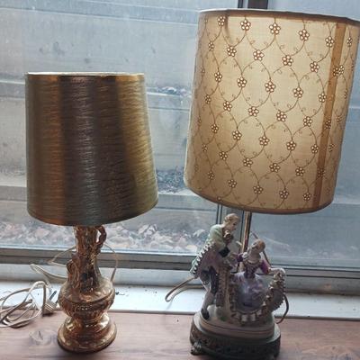 VICTORIAN THEMED LAMP AND A SMALL GOLD COLORED LAMP