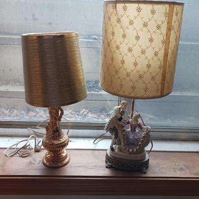 VICTORIAN THEMED LAMP AND A SMALL GOLD COLORED LAMP