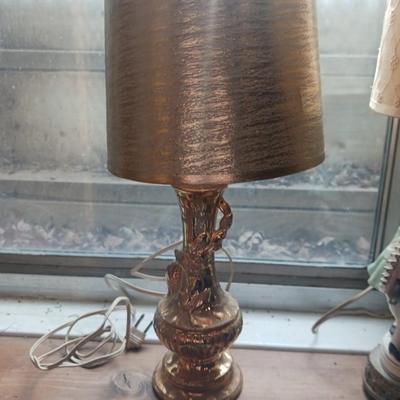 VICTORIAN THEMED LAMP AND A SMALL GOLD COLORED LAMP