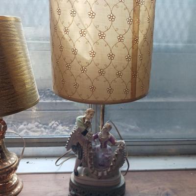 VICTORIAN THEMED LAMP AND A SMALL GOLD COLORED LAMP