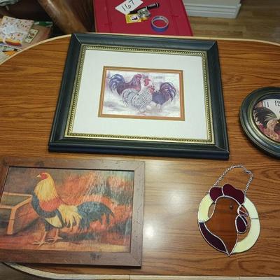 2 FRAMED PICTURES OF ROOSTERS AND A WALL CLOCK