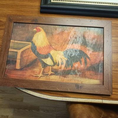 2 FRAMED PICTURES OF ROOSTERS AND A WALL CLOCK