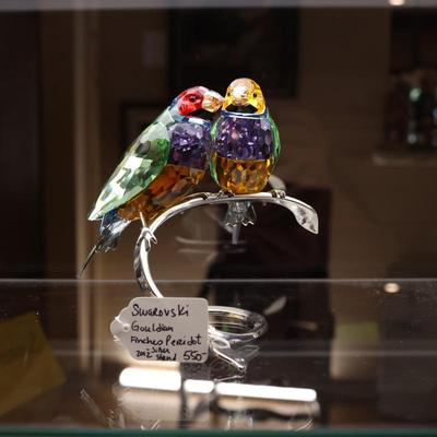 Swarovski Gouldian Finches Peridot 2012 Silver Stand