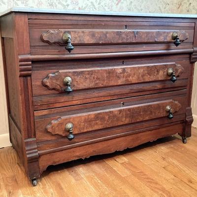 LOT 55: Antique / Marble Top Three Drawer Dresser