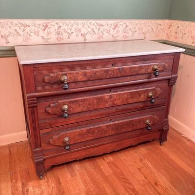 LOT 55: Antique / Marble Top Three Drawer Dresser