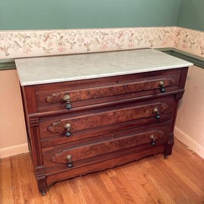 LOT 55: Antique / Marble Top Three Drawer Dresser