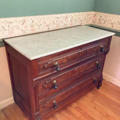 LOT 55: Antique / Marble Top Three Drawer Dresser