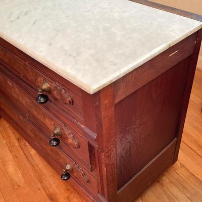 LOT 55: Antique / Marble Top Three Drawer Dresser