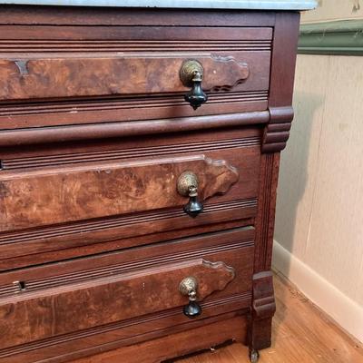 LOT 55: Antique / Marble Top Three Drawer Dresser