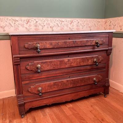 LOT 55: Antique / Marble Top Three Drawer Dresser