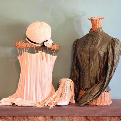 LOT 63: Vintage Corset, Stockings, Hat, Blouse along with Vintage Style Shoes and a Pair of Wicker Busts