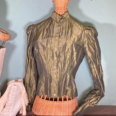 LOT 63: Vintage Corset, Stockings, Hat, Blouse along with Vintage Style Shoes and a Pair of Wicker Busts