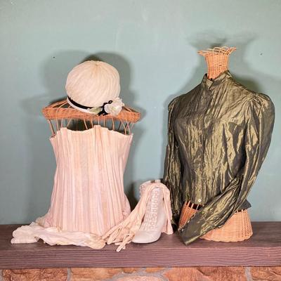 LOT 63: Vintage Corset, Stockings, Hat, Blouse along with Vintage Style Shoes and a Pair of Wicker Busts
