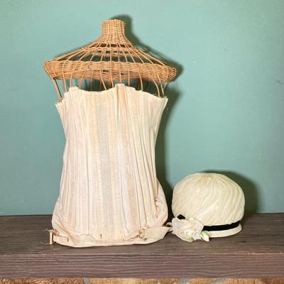 LOT 63: Vintage Corset, Stockings, Hat, Blouse along with Vintage Style Shoes and a Pair of Wicker Busts