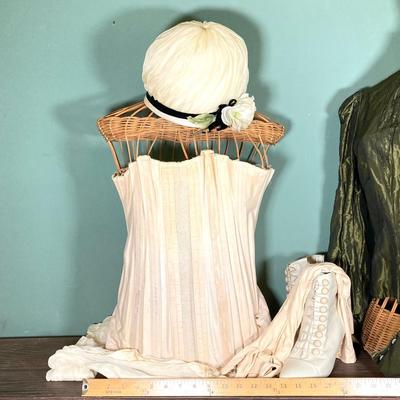 LOT 63: Vintage Corset, Stockings, Hat, Blouse along with Vintage Style Shoes and a Pair of Wicker Busts