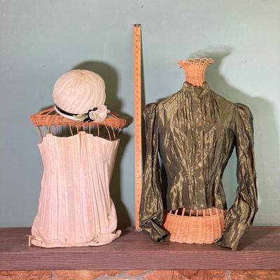 LOT 63: Vintage Corset, Stockings, Hat, Blouse along with Vintage Style Shoes and a Pair of Wicker Busts