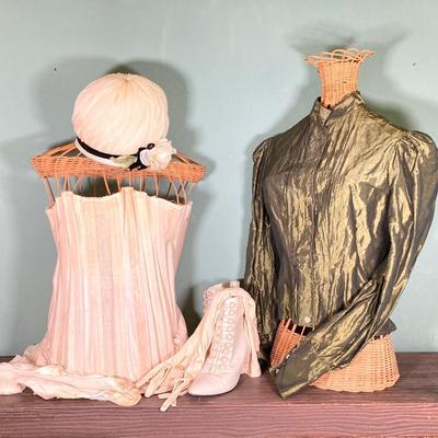 LOT 63: Vintage Corset, Stockings, Hat, Blouse along with Vintage Style Shoes and a Pair of Wicker Busts