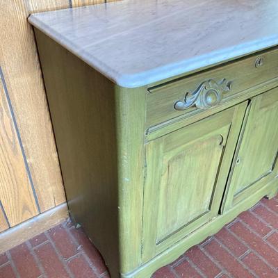 LOT 64: Vintage Painted Green Cabinet with Marble Top