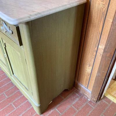 LOT 64: Vintage Painted Green Cabinet with Marble Top