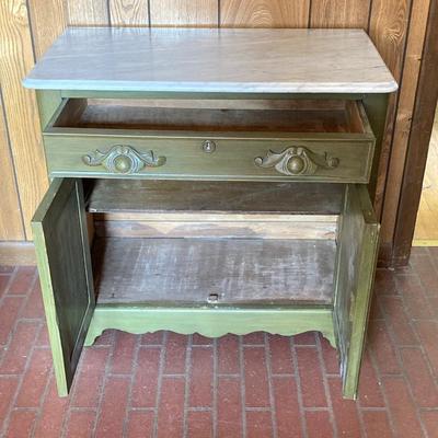 LOT 64: Vintage Painted Green Cabinet with Marble Top