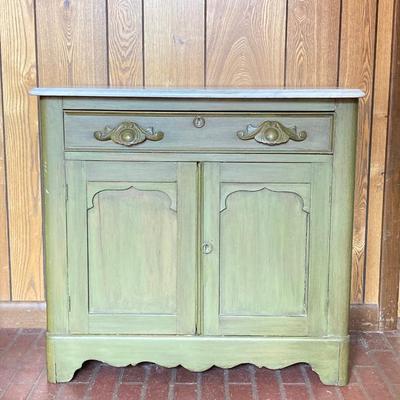LOT 64: Vintage Painted Green Cabinet with Marble Top