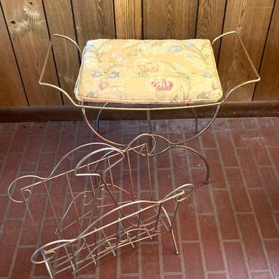 LOT 66: Brass Vanity Seat, with Brass Magazine Holder, Wall Art and Picture Frames