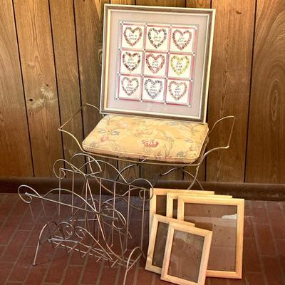 LOT 66: Brass Vanity Seat, with Brass Magazine Holder, Wall Art and Picture Frames