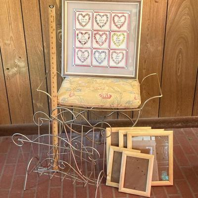 LOT 66: Brass Vanity Seat, with Brass Magazine Holder, Wall Art and Picture Frames