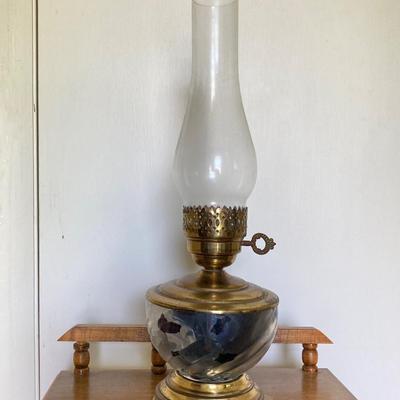 LOT 69: Adorable Wooden Side / Book Table with Vintage Lantern Style Lamp and Collection of American History / War Books