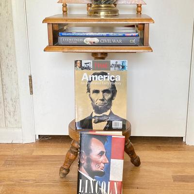 LOT 69: Adorable Wooden Side / Book Table with Vintage Lantern Style Lamp and Collection of American History / War Books