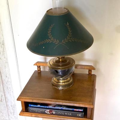 LOT 69: Adorable Wooden Side / Book Table with Vintage Lantern Style Lamp and Collection of American History / War Books