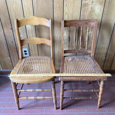 LOT 71: Four Handcrafted Vintage Caned Seat Wooden Chairs