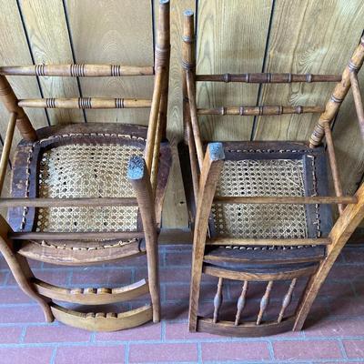 LOT 71: Four Handcrafted Vintage Caned Seat Wooden Chairs
