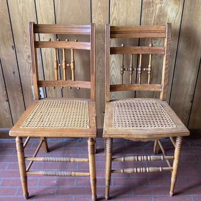 LOT 71: Four Handcrafted Vintage Caned Seat Wooden Chairs